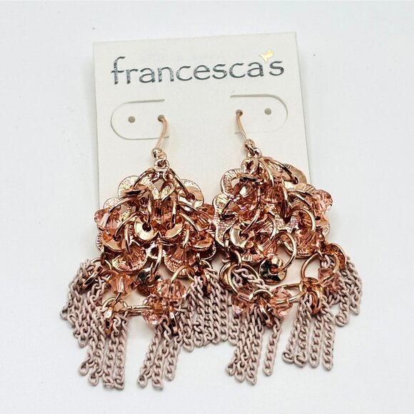 Francesca’s Rose Gold Chandelier Dangle Earrings Pink Crystal Beads Chain Fringe - Picture 1 of 4